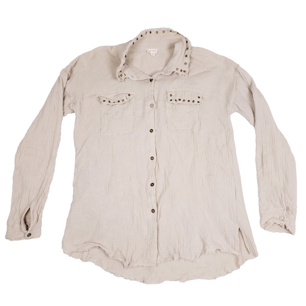 Hem And Thread Cotton Shirt L Beige Long Sleeve Distressed Western Boho